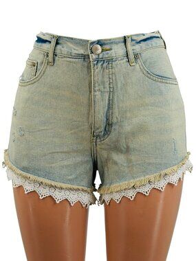 Free People Distressed Denim Crochet Lace Trim Jean Shorts | Costal Cowgirl Boho